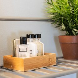 A wooden tray holding bottles of shampoo and lotion is placed on a metal shelf next to a potted plant.